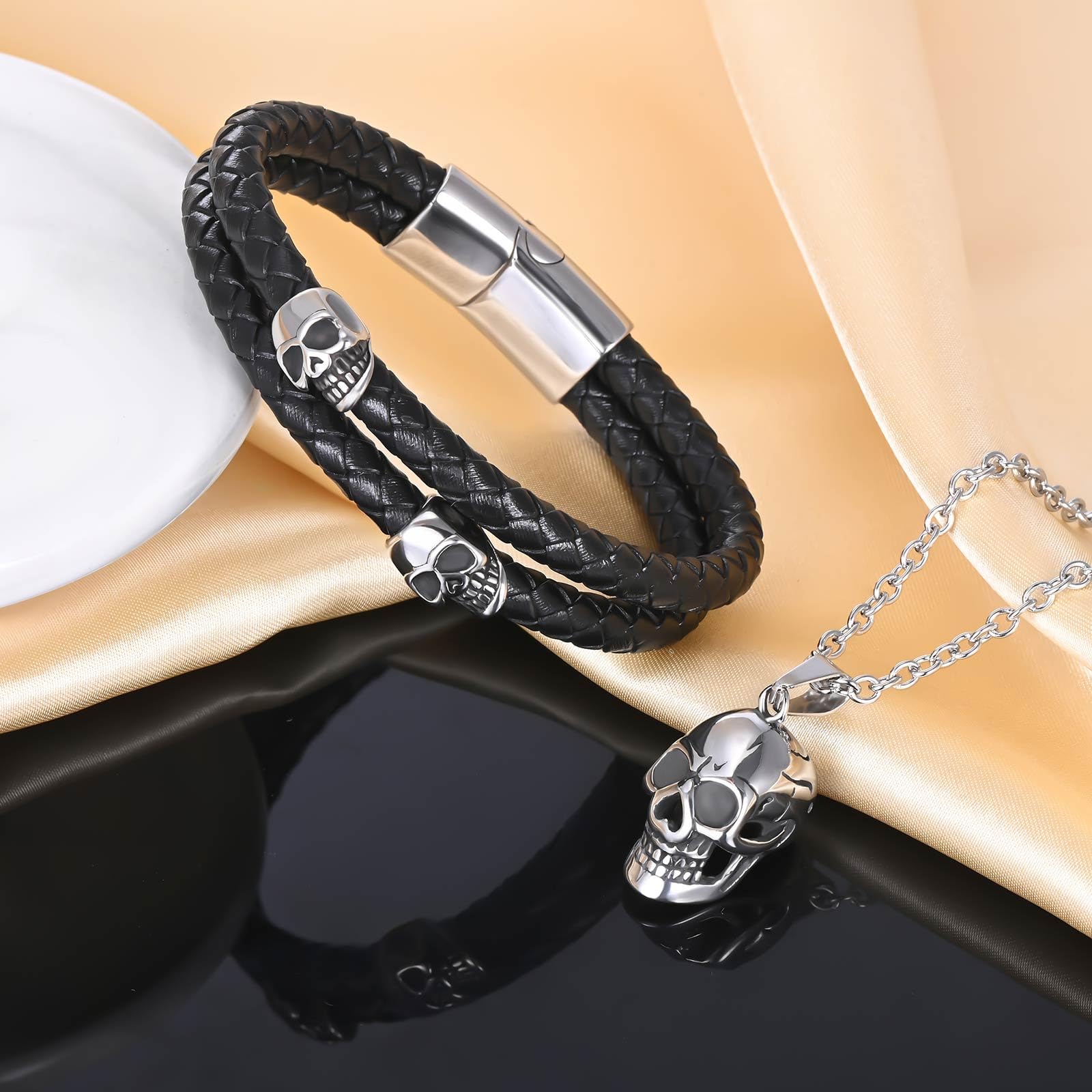 Homme Colliers et Bracelet en Acier Inoxydable Mode Parures de Bijoux pour Garçons Adolescents Bracelet en Cuir Tressé Multicouche I0422