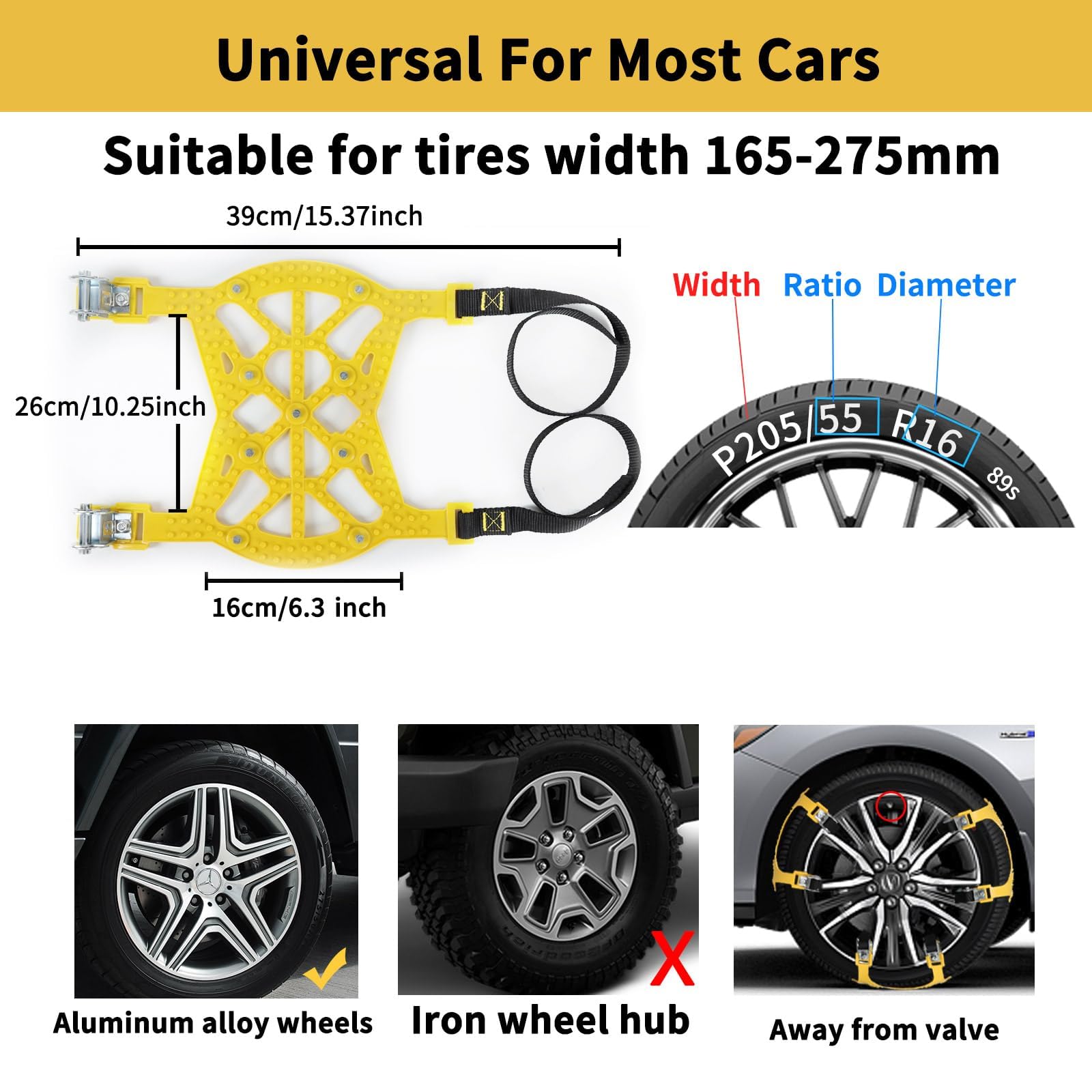 Cadenas de Nieve Universal para Coche, 6 Pcs para Neumáticos de 165-275 MM, Montaje Rápido para la Mayoría de Automóvil/SUV/Camión