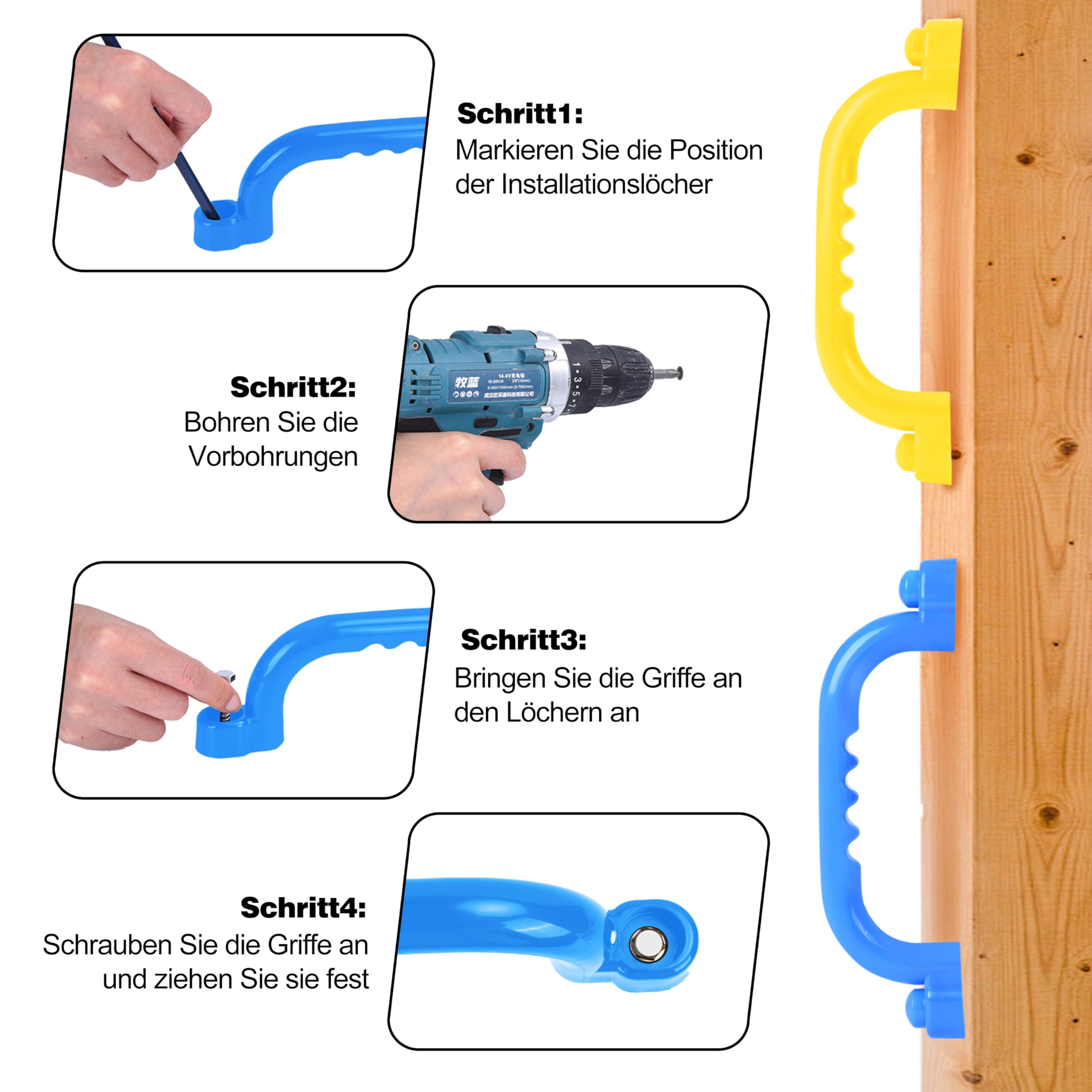 JONRRYIN 4PCS Handgriffe Spielturm, Sicherheitsgriff für Kinder Senioren, Klettergerüst Haltegriffe Outdoor Indoor, Rutschfeste Sicherheitsgriffe für Spielplatz Spielhaus Baumhaus (4pcs-gelb und blau)