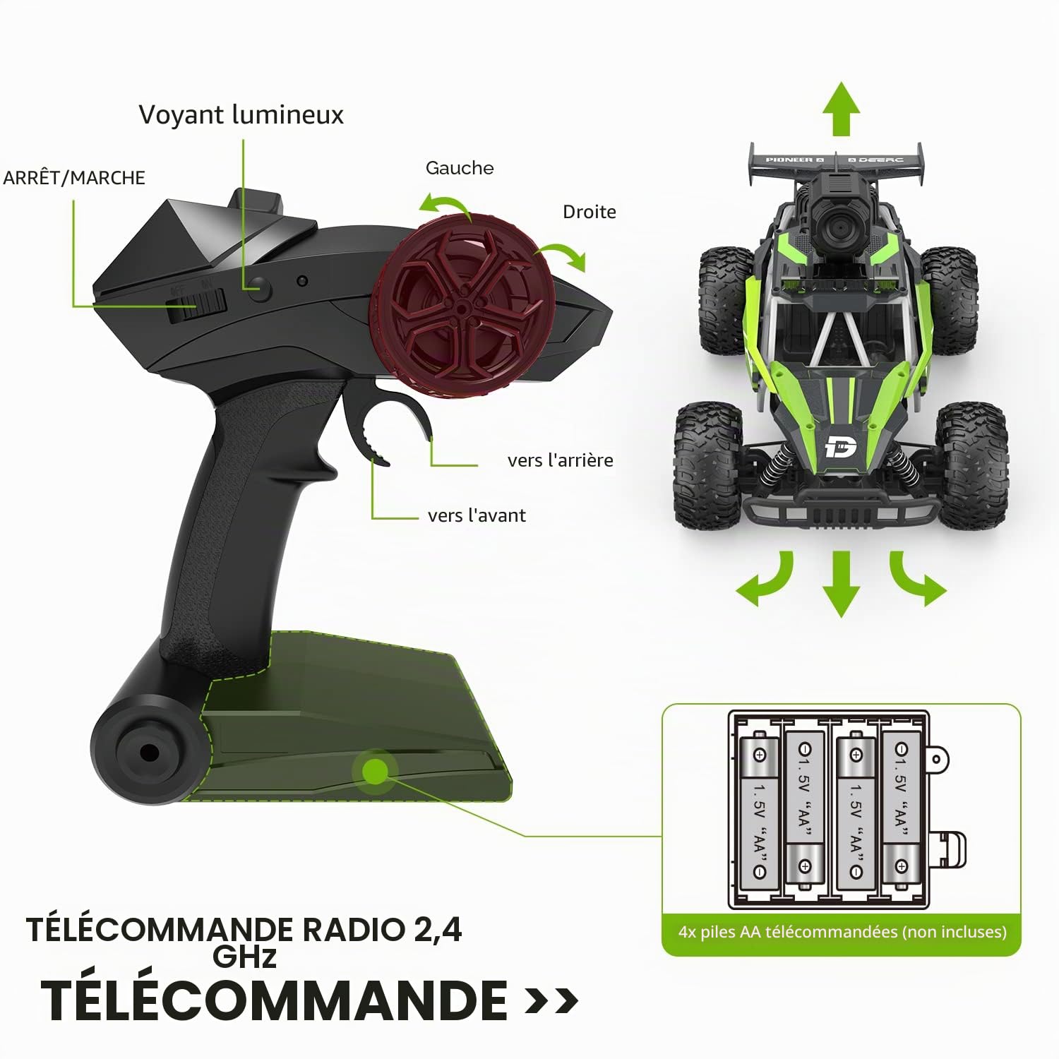 DEERC Voiture télécommandée avec caméra HD 1080P, Voitures RC à l'échelle 1:16 avec éclairage châssis et phares à LED, véhicule Jouet Monster Truck Haute Vitesse 2,4 GHz, Cadeau pour Enfants garçons