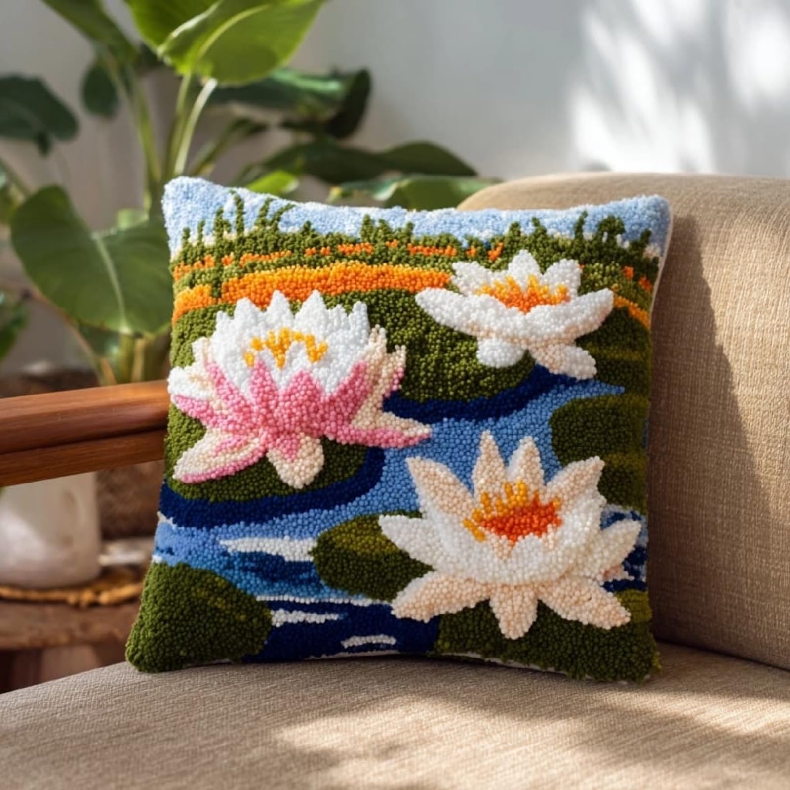 AxiangziK Latch Hook Cushion Kit 43x43cm,Beautiful Lotus Beginner Friendly Needlecraft Set,Easy Latch Hook Kit for Home Decor