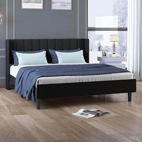 Base de cama tapizada de lino de algodón con cabecero, cabecera con respaldo de ala, base de metal sólido, no necesita somier, soporte de listones