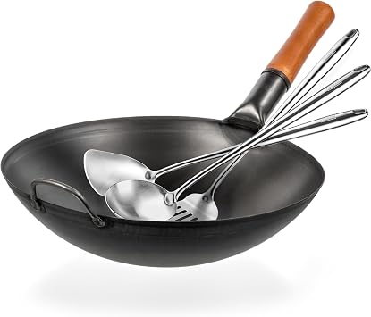 YOSUKATA Carbon Steel Wok Pan - 14 in Woks and Stir Fry Pans + 17" Wok Spatula and Ladle and Turner Spatula - Stainless Steel Cooking Utensils Set of 3