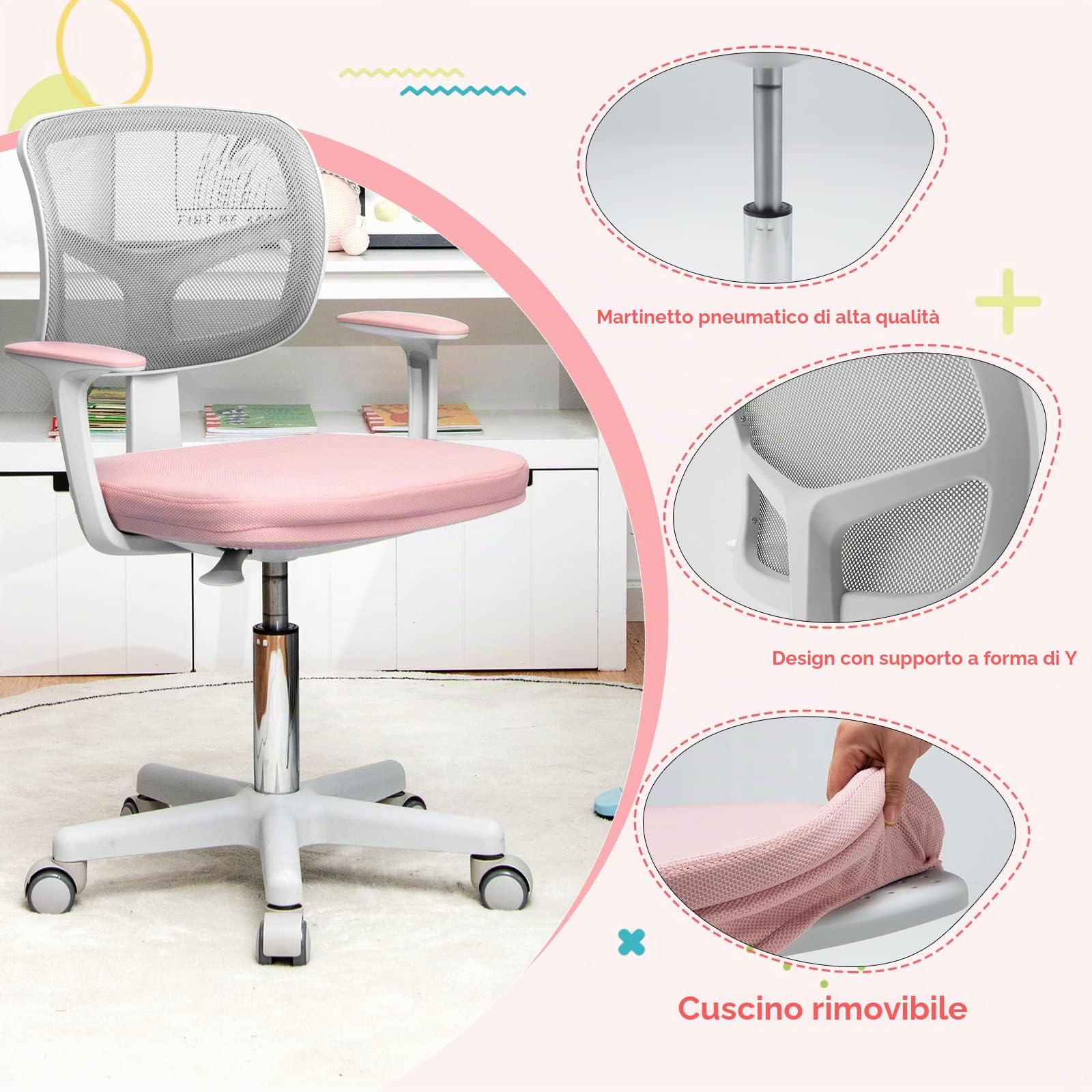 LIFEZEAL Sedia Scrivania Bambini, Sedia Girevole, Altezza Regolabile e Ergonomico, per Bambini, da Cameretta, con Braccioli, Schienale e Sediolina Imbottita, per Bimbo 3 Anni+, Max150kg, Rosa