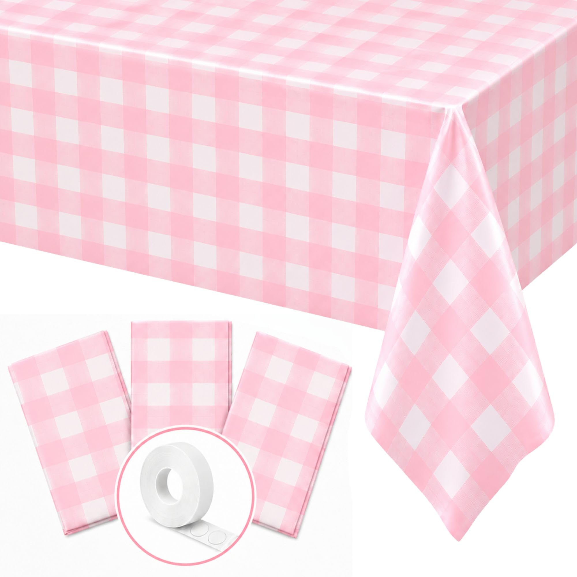 Blue Orchards Pink Gingham Table Cover (Pack of 3 with 20 Glue dots) - 54"x108" XL - Pink and White Checkered Plaid Picnic Tablecloth, Baby &amp; Bridal Shower Decoration, Outdoor Birthday Party Supplies