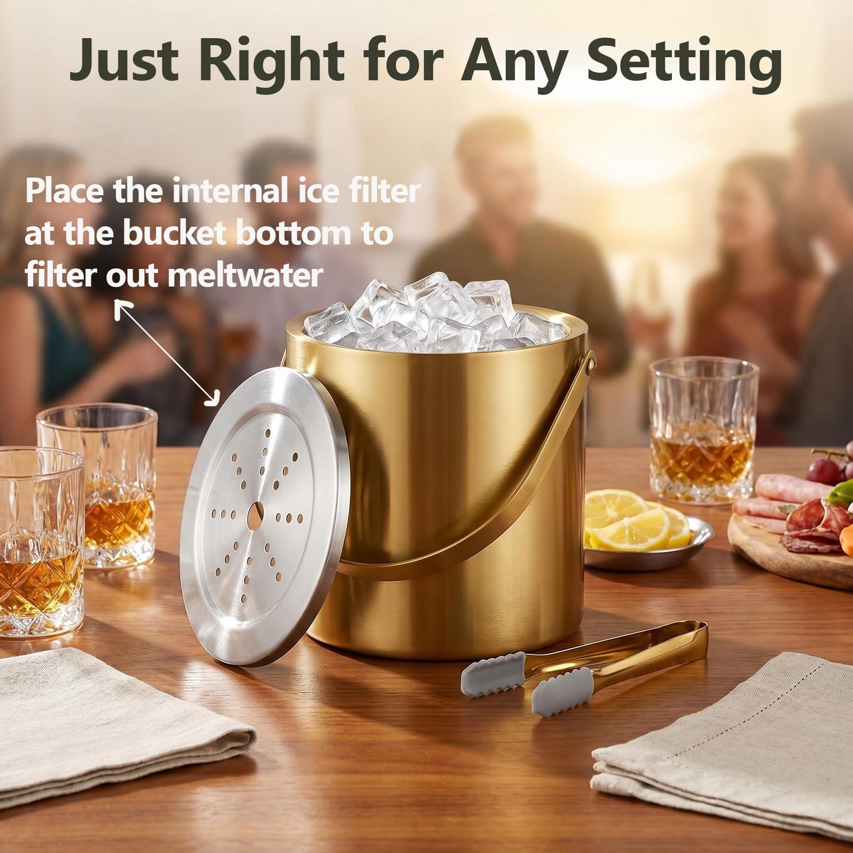 Eiskübel mit Deckel und Zange, doppelwandiger Weinkühler, 3 l, goldfarben | Isolierter Edelstahl-Eimer für Champagner, Wein, Bier, Partys, Barwagen, Outdoor-Unterhaltung, hält Eis länger