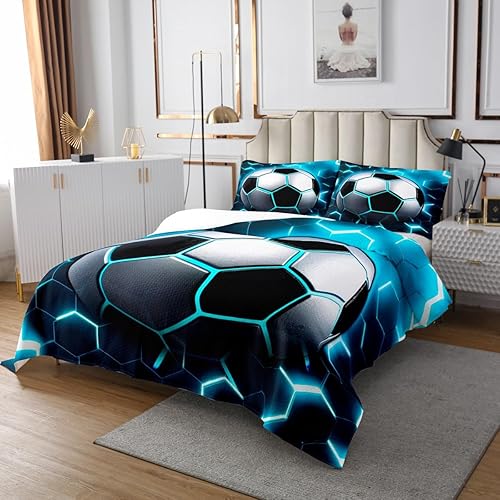 Miniatura 4 de Erosebridal Juego de colcha de fútbol para niños, diseño de panal de abeja azul brillante, juego de ropa de cama moderno con luz de neón, funda de
