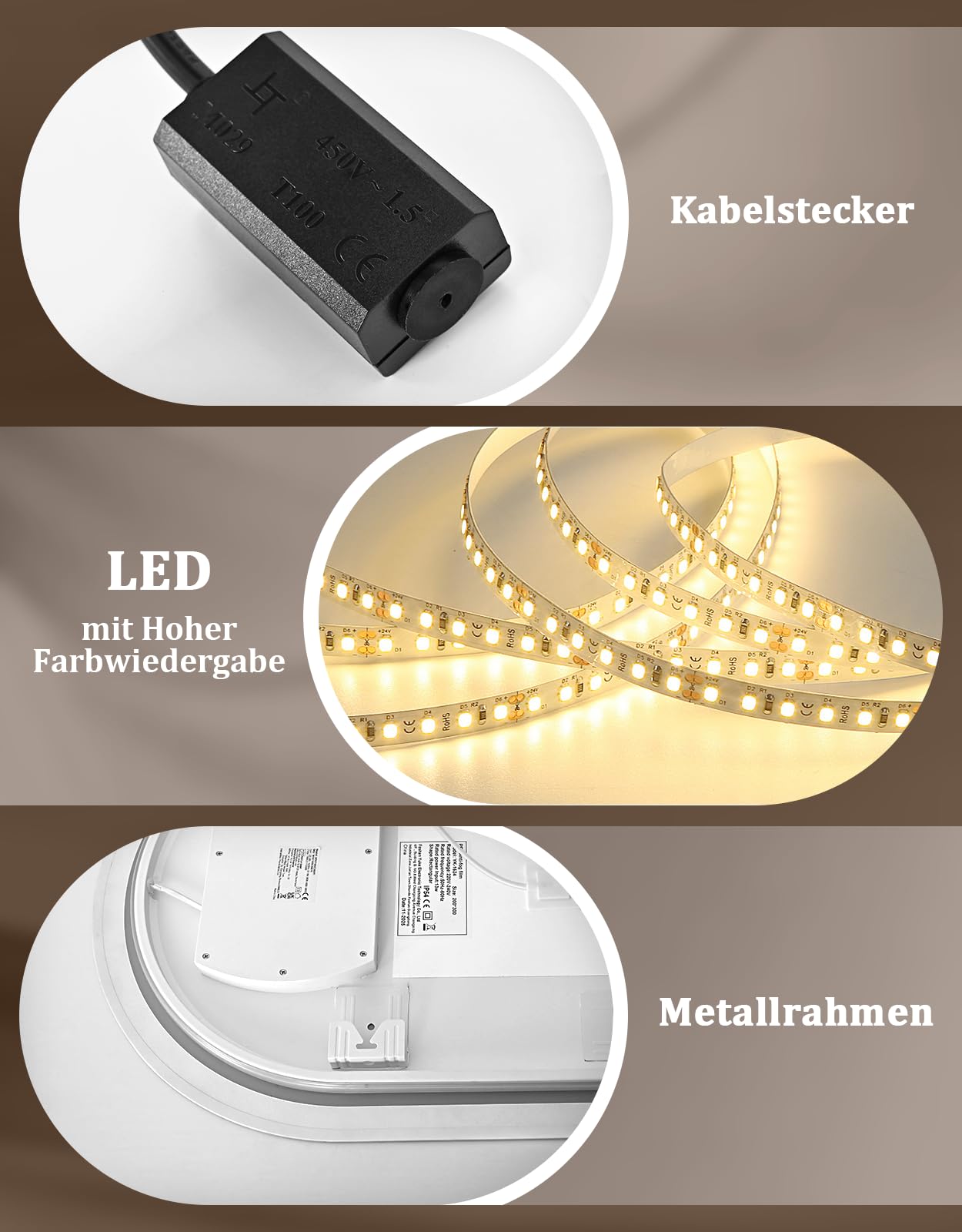 Espejo de baño ovalado con iluminación, espejo de baño LED, 60 x 120 cm, espejo de pared para cuarto de baño con interruptor táctil, función de desenfoque, IP44, regulable, 3000 K-6500 K