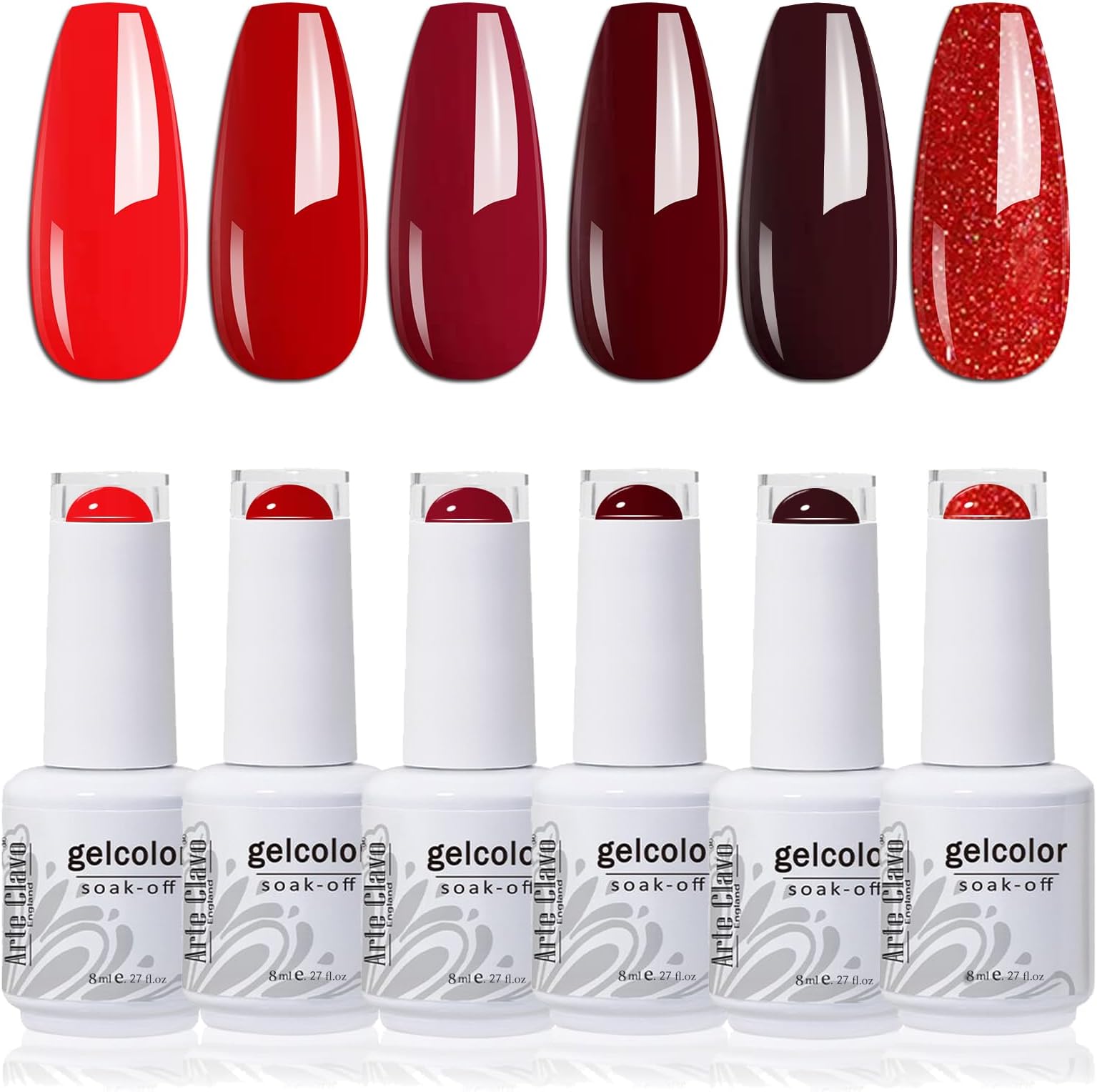 Arte Clavo 8ml Christmas Gel Nail Polish Set Red Gel Nail Polish Set- 6 Colors Popular Red Burgundy Glitter Gel Polish Kit, DIY at Home Salon Christmas New Year's Gifts for Girls 641