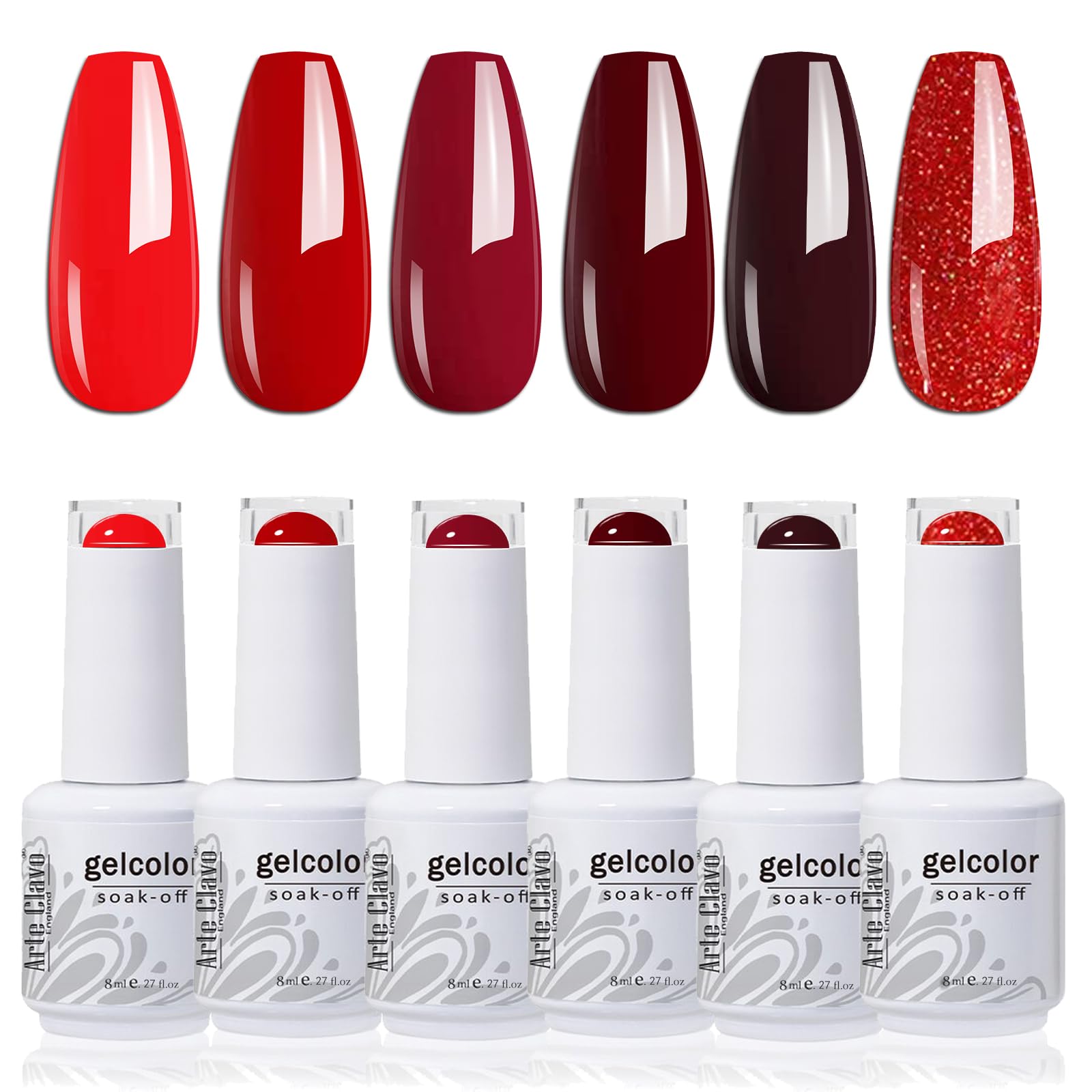 Arte Clavo 8ml Christmas Gel Nail Polish Set Red Gel Nail Polish Set- 6 Colors Popular Red Burgundy Glitter Gel Polish Kit, DIY at Home Salon Christmas New Year's Gifts for Girls 641