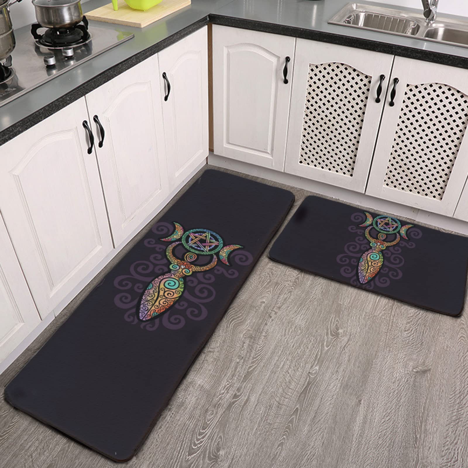 YouTary Wicca Wiccan Triple Moon Gaia Pattern Kitchen Rug Set 2 PCS Floor Mats Washable Non-Slip Soft Flannel Runner Rug Doormat Carpet for Kitchen Bathroom Laundry