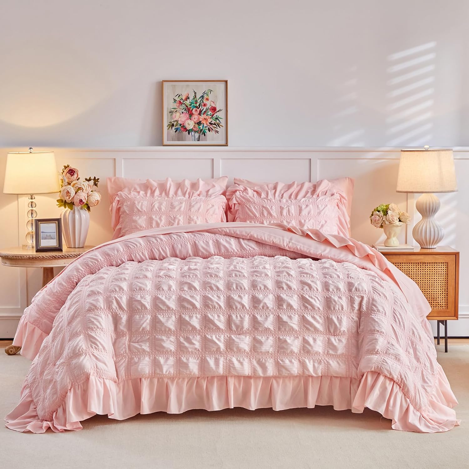 Tititada Blush Pink Plaid Seersucker Comforter Set with Ruffled Fringe Twin Size, 3 Pieces Soft Fluffy Farmhouse Bedding Set for All Season, Twin Bed Set with Ruffle Shams (Blush Pink, Twin) - Image 2