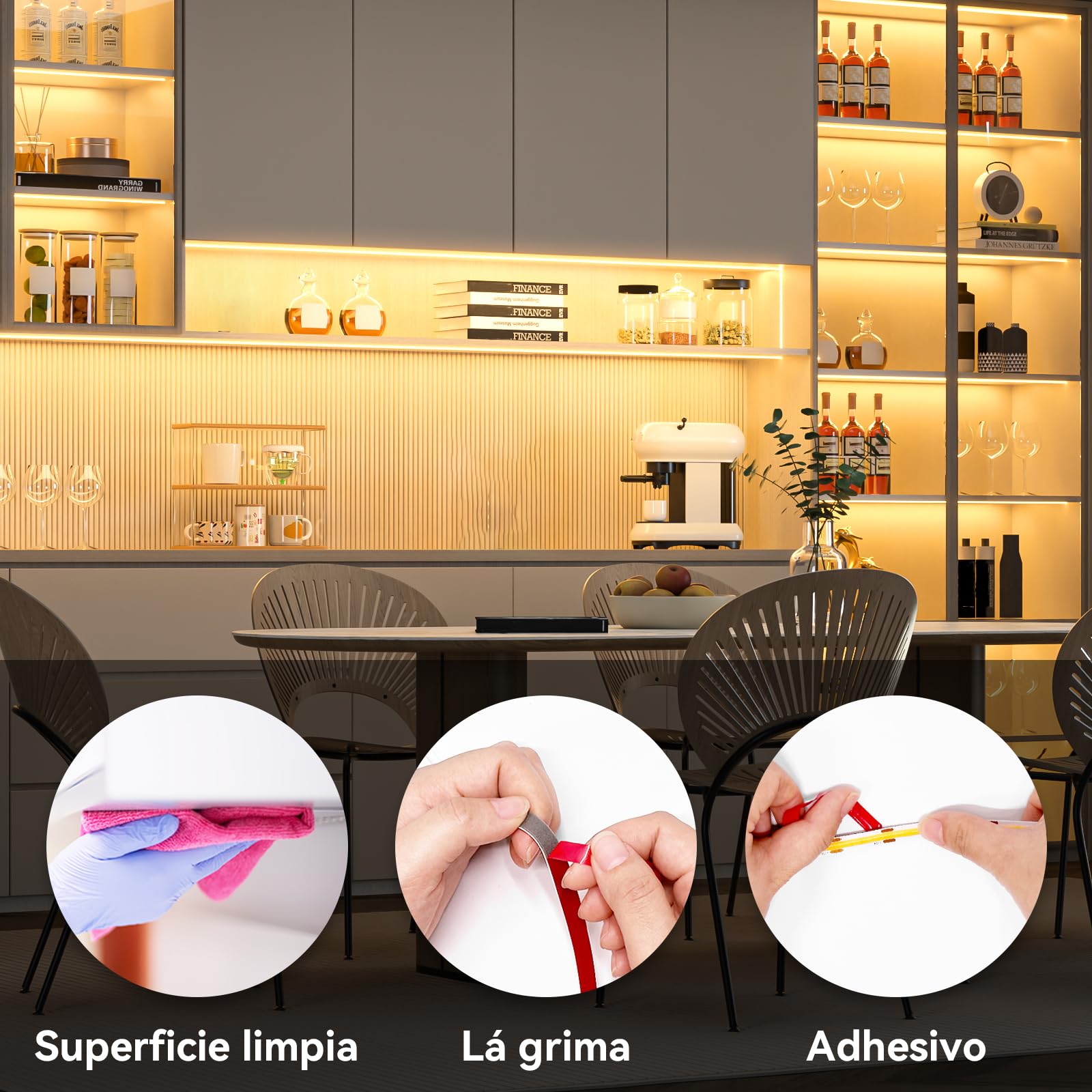 WOBANE Striscia LED COB 5 m 24 V, striscia led dimmerabile con telecomando, CRI 90+, 320 LEDs/M, striscia led continua adesiva con spina per cucina, camera da letto, armadio, specchio, TV, bianco