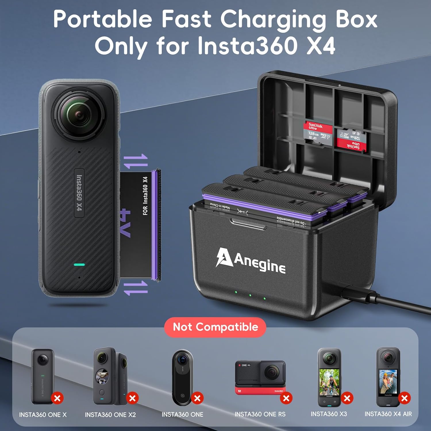 Insta 360 X4 Replacement Battery 2500mAh and Fast 3-Channel USB Charger for Insta360 X4 Action Camera with Misro SD Card Slots (3-Pack)