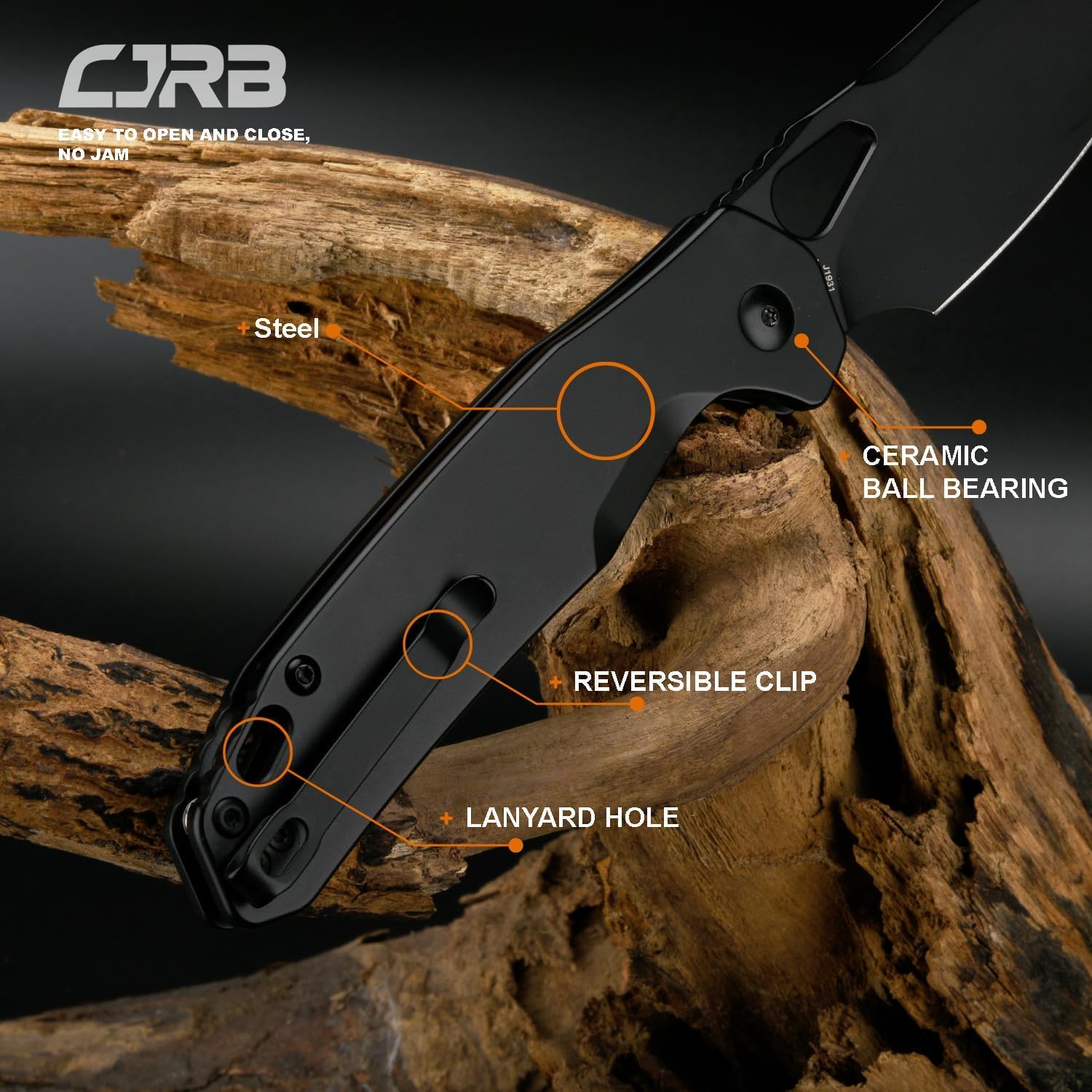 CJRB Frack Pocket Knife, 3.9" AR-RPM9 Steel Blade PVD Coating Steel Handle EDC Knife, Button Lock Knife for Tactical Outdoor Camping Gift, Black (J1931)