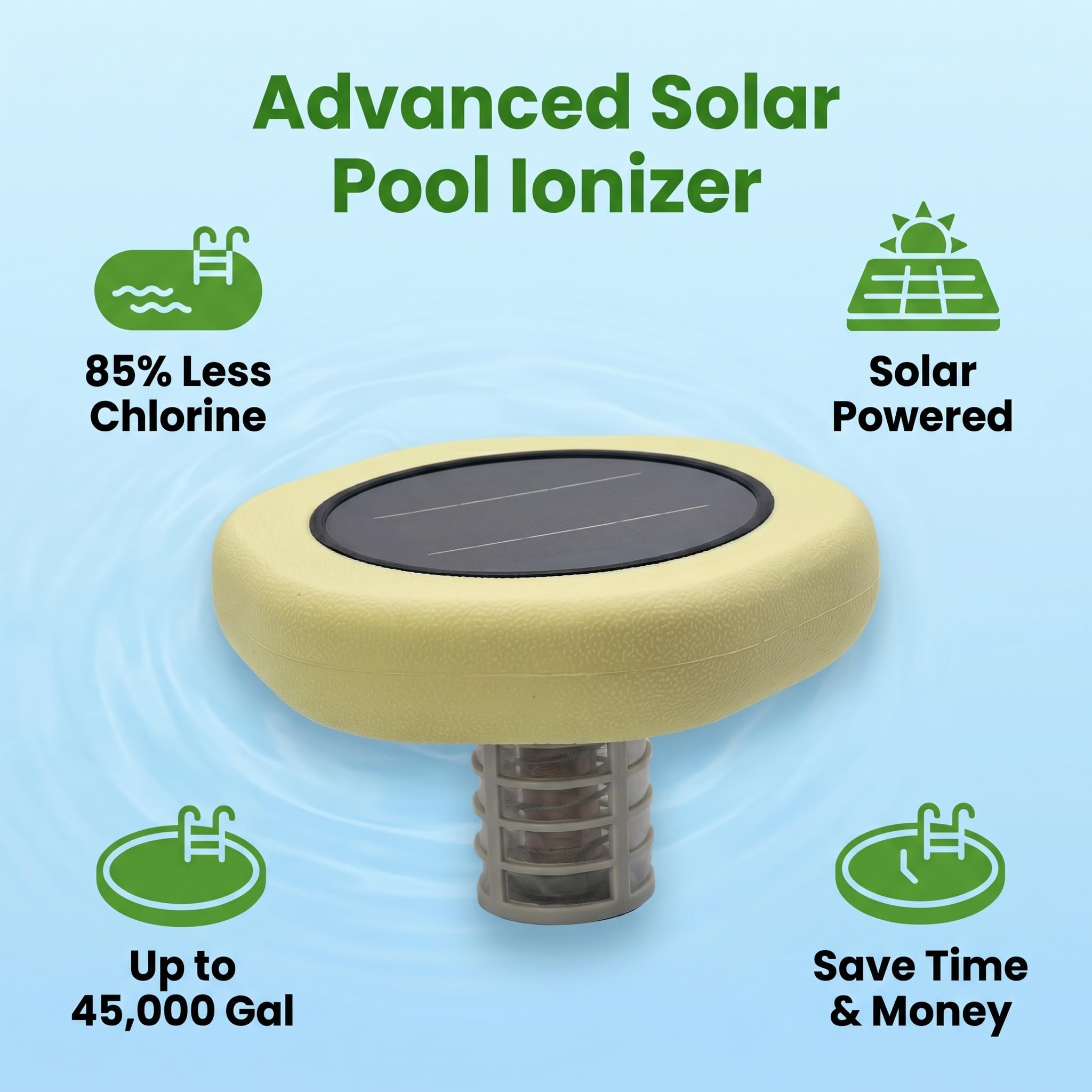 Accesorio de mantenimiento de piscina flotante alimentado por energía solar con ánodo de cobre reemplazable, flotador duradero para piscinas sobre el suelo, enterradas y de agua salada, kit completo