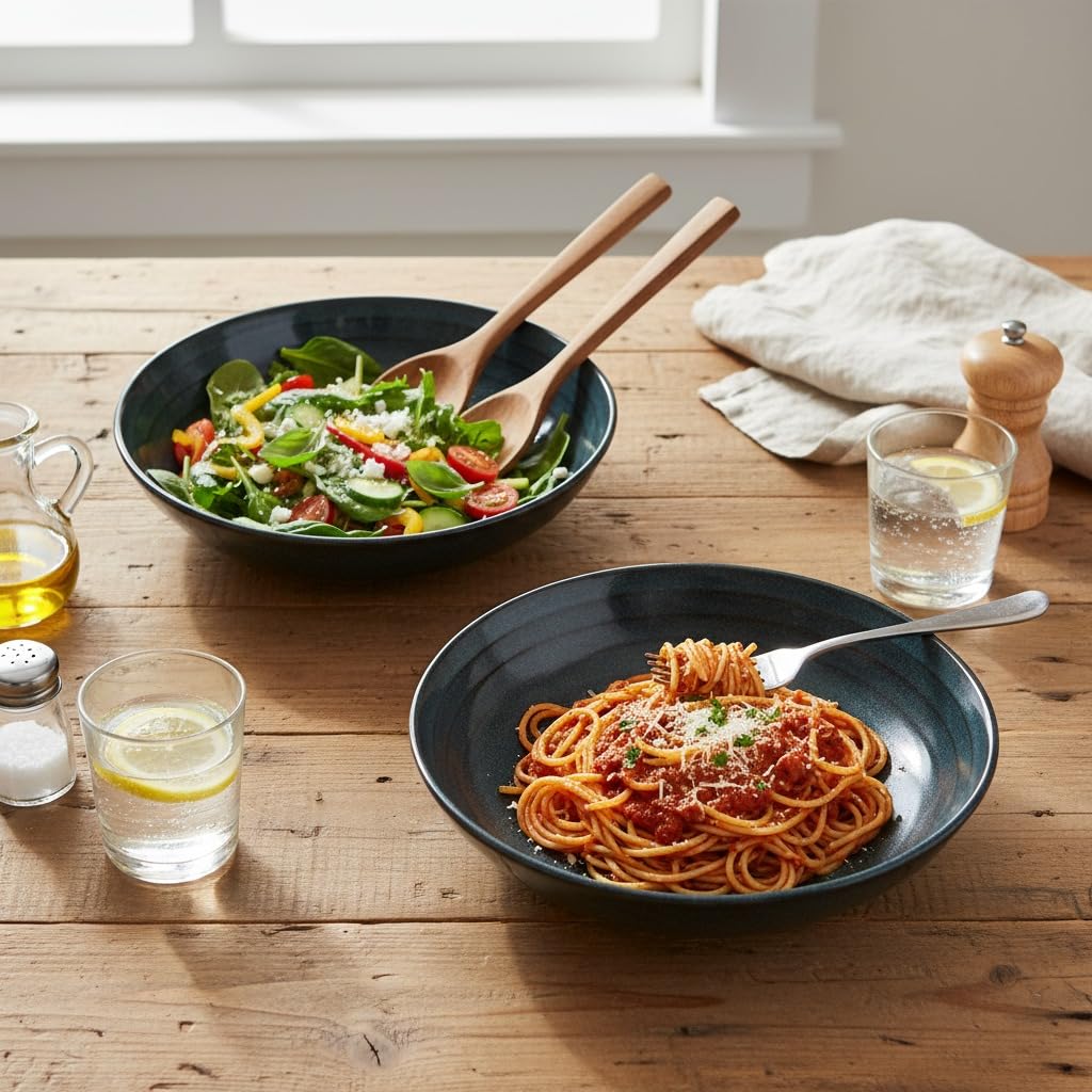 Beyond Homes Handcrafted Ceramic Pasta Bowl Set Shallow, 21 cm | Microwave & Dishwasher Safe Pasta Plates Glossy Finish | Deep Plate | Ceramic Serving Pasta Bowl, 650 ml Each (Midnight Blue Set of 2)-picture-11