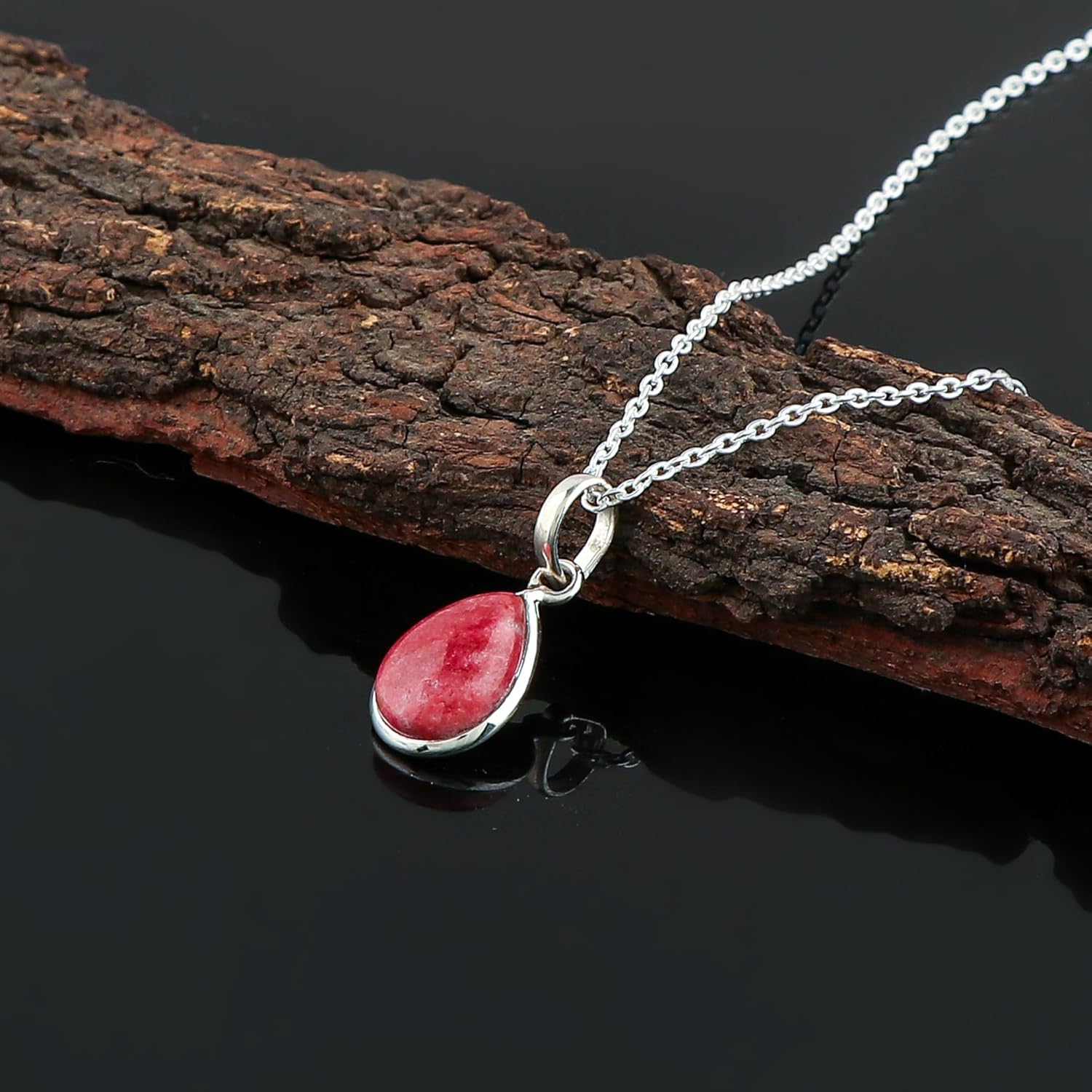 Natural Thulite Gemstones Pendant Necklace, 925 Sterling Silver, Bezel Pendant, Dainty Necklace, Handmade, Crystal Jewelry, Birthstone, Adjustable Chain 20" - Image 2