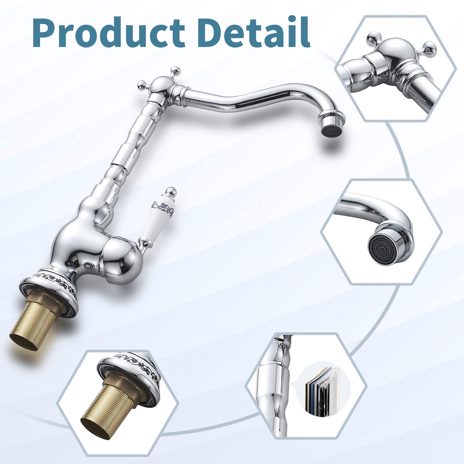 Robinet de Lavabo Rétro, Robinet Salle de Bain en Laiton Chromé, Haut Robinet Mitigeur Lavabo pour Lavabo ou Vasque de Salle Bain, Eau Chaude et Froide Disponible