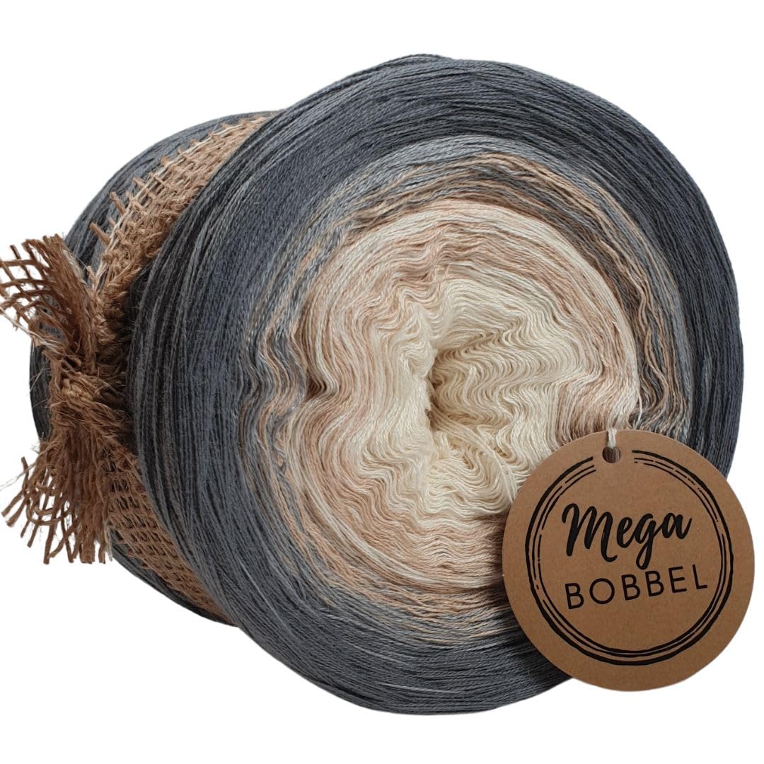 MegaBobbel*Beige & Grau*A437* (Außenfarbe: Mittelgrau) Farbverlaufsgarn - Lace Garn Bobbel Wolle zum Häkeln & Stricken - 50% Baumwolle/50% Polyacryl (3 fädig, 3750m)