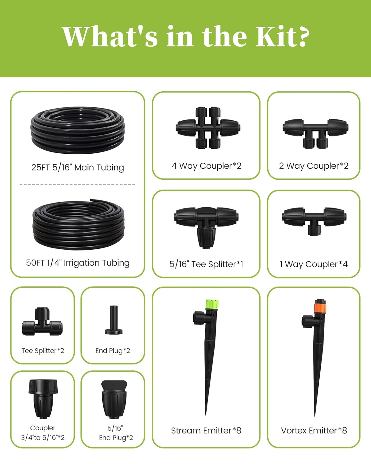 RAINPOINT Drip Irrigation System, Quick-Connect Garden Watering System Kit with Adjustable Emitters for Greenhouse, Garden Grid, Raised Bed, Potted Plants (25 ft Main Tubing + 50 ft Irrigation Tubing)