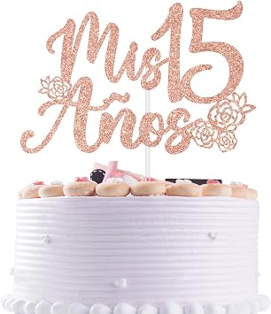 Rose Gold Glitter Mis 15 Anos Cake Topper, Feliz 15 Anos/Happy 15th Birthday, Flower Butterfly Themed 15th Birthday Party Decorations for Teen Girls
