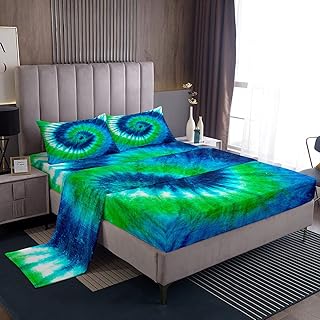 Castle Fairy Tie Dye Bed Sheet Set with Pillowcase, Boho Hippie Swirl Imitation Tie Dyed, Girls Room Decor Sheet Sets Deep Pocket,Top Flat Sheet, Twin Size, Green Blue