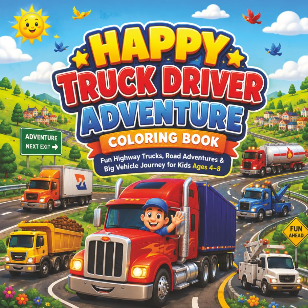 Happy Truck Driver Adventure Coloring Book: ig Rig Trucks, Semi Trucks, Highway Adventure & Construction Vehicles Coloring Pages for Boys & Girls Ages 4–8 | Stress Relief & Fun Activity Book