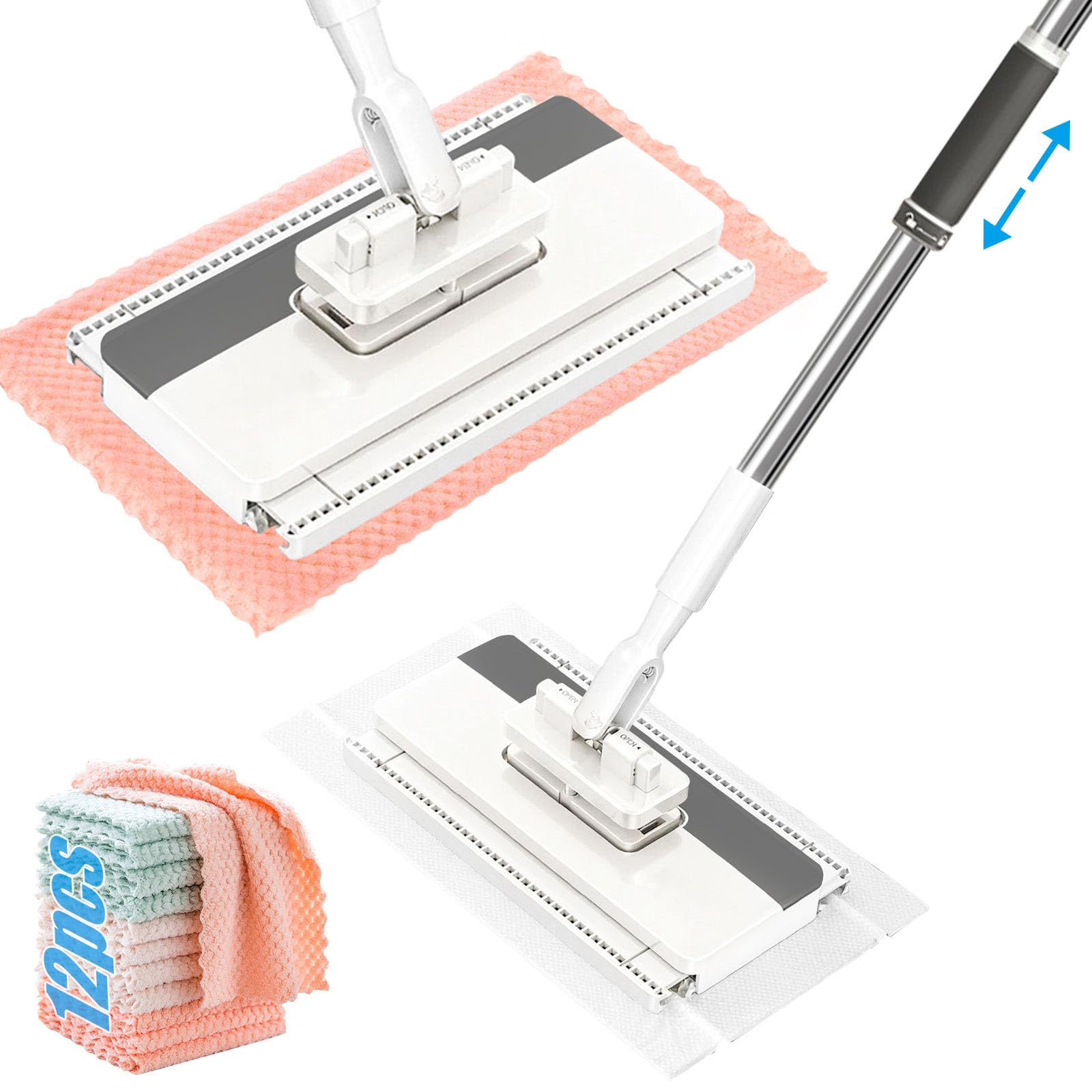 Mocio con Sistema di Bloccaggio a Pressione, Mocio Lavapavimenti con Clip,con 12 Ricambio Panno, Mop Rotante a 360°, Mini Mo-cio con Cambio Automatico per Pulire i Pavimenti, Armadi