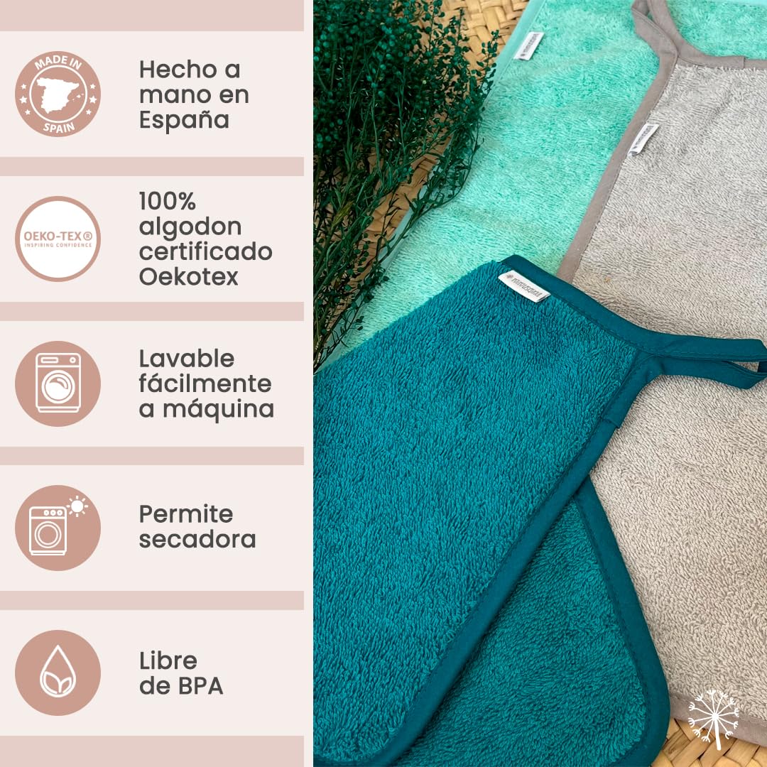 MIMUSELINA Pack 2X Mini Toallas Bebé | Toallas Guarderia con Colgador | Toalla Pequeña Infantil | Rizo algodón Absorbente gramaje 450 gr. 4,5cm | Turquesa/Gris
