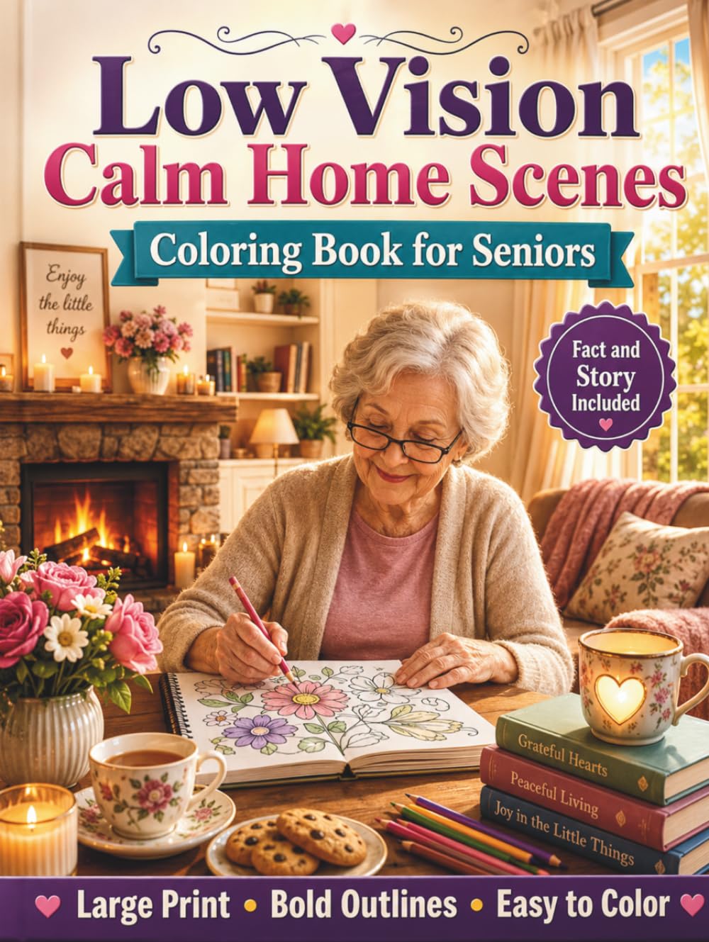 Low Vision Calm Home Scenes Coloring Book for Seniors: 50 Large Print, Bold and Easy Cozy Home Designs with High Contrast Lines for Relaxation, Comfort, and Stress Relief