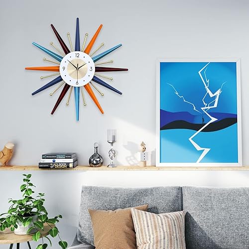Miniatura 2 de Reloj de pared grande de 27.5 pulgadas, moderno reloj de pared Starburst de mediados de siglo, decoración moderna sin tictac, funciona con pilas,