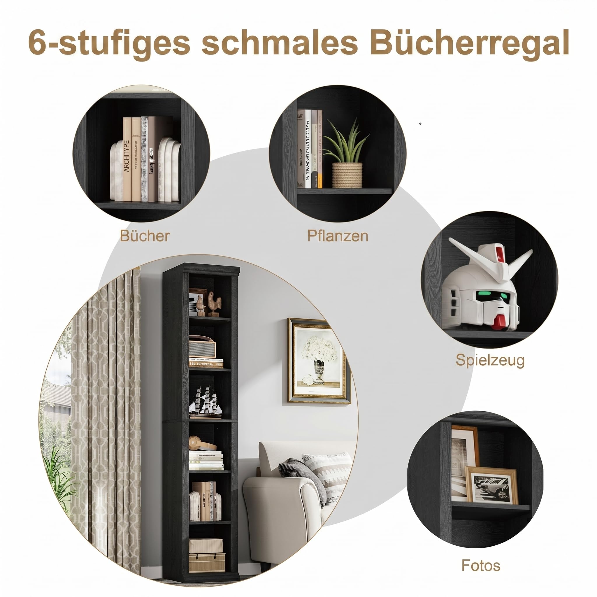 EOSVALO Schmales Bücherregal Schwarz, 182,5 cm, 6-stöckig, Holz