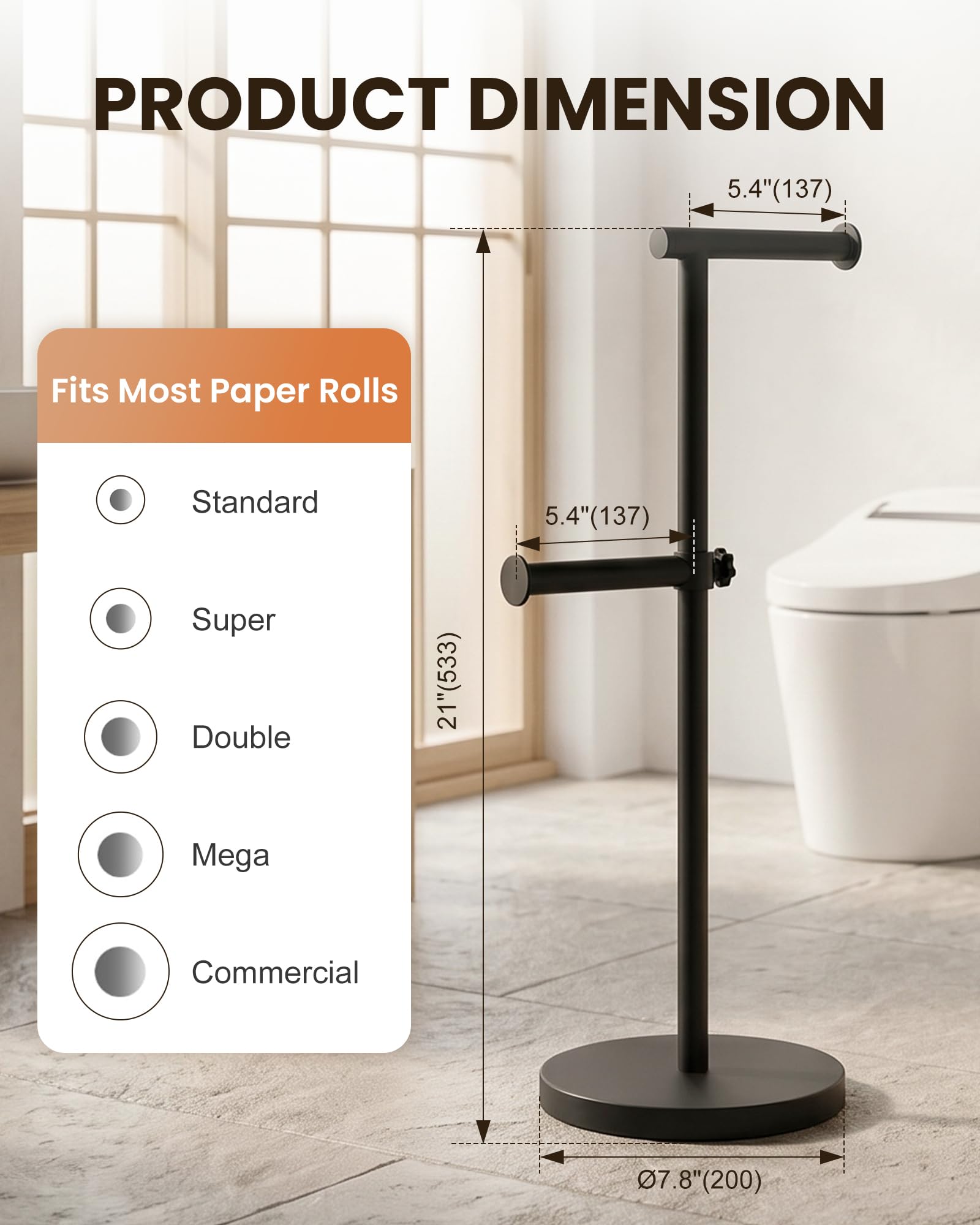 Toilet Paper Holder Stand, Heavy-Duty Stainless Steel Toilet Paper Stand with Weighted Base, Free Standing Floor Tissue Roll Holder for Bathroom, 21" H Matte Black — Amazon image 7