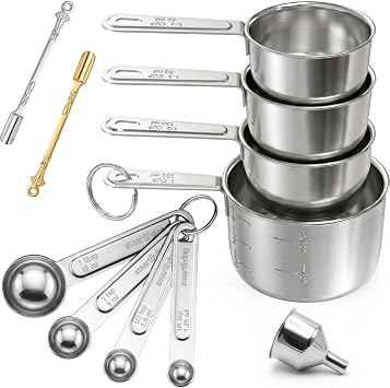 11 PCS Measuring Cups and Spoons Set with Funnel & Mini Spoons for Baking | Stainless Steel Build, For Dry & Liquid Ingredients, Dishwasher Safe, Clear Markings for Reading, Gift for Bakers & Cooks