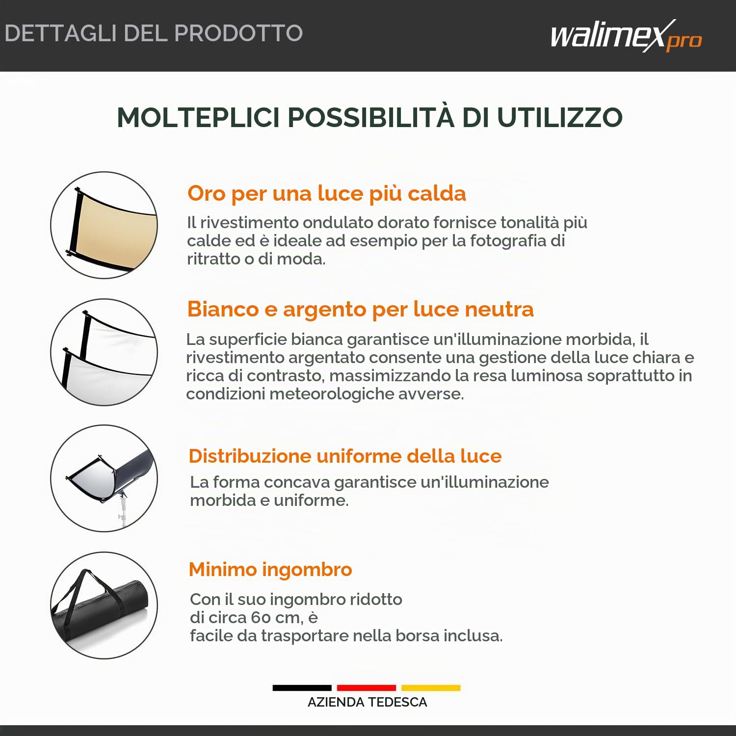 Walimex pro Riflettore concavo 3 in 1, 150 x 60 cm, per fotografia di moda e bellezza, 3 colori riflettori, argento, bianco Wavy Gold, con attacco spigot per treppiede, 22771