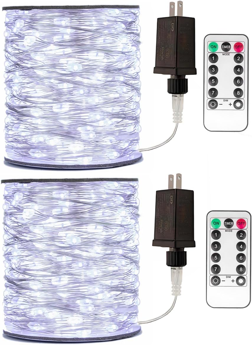 2 Pack 200 LED Fairy Lights Plug in 66Ft Cool White Silver Wire Twinkle Lights LED String Lights with Remote for Christmas Tree Bedroom Living Room Wall Patio Party Decoration