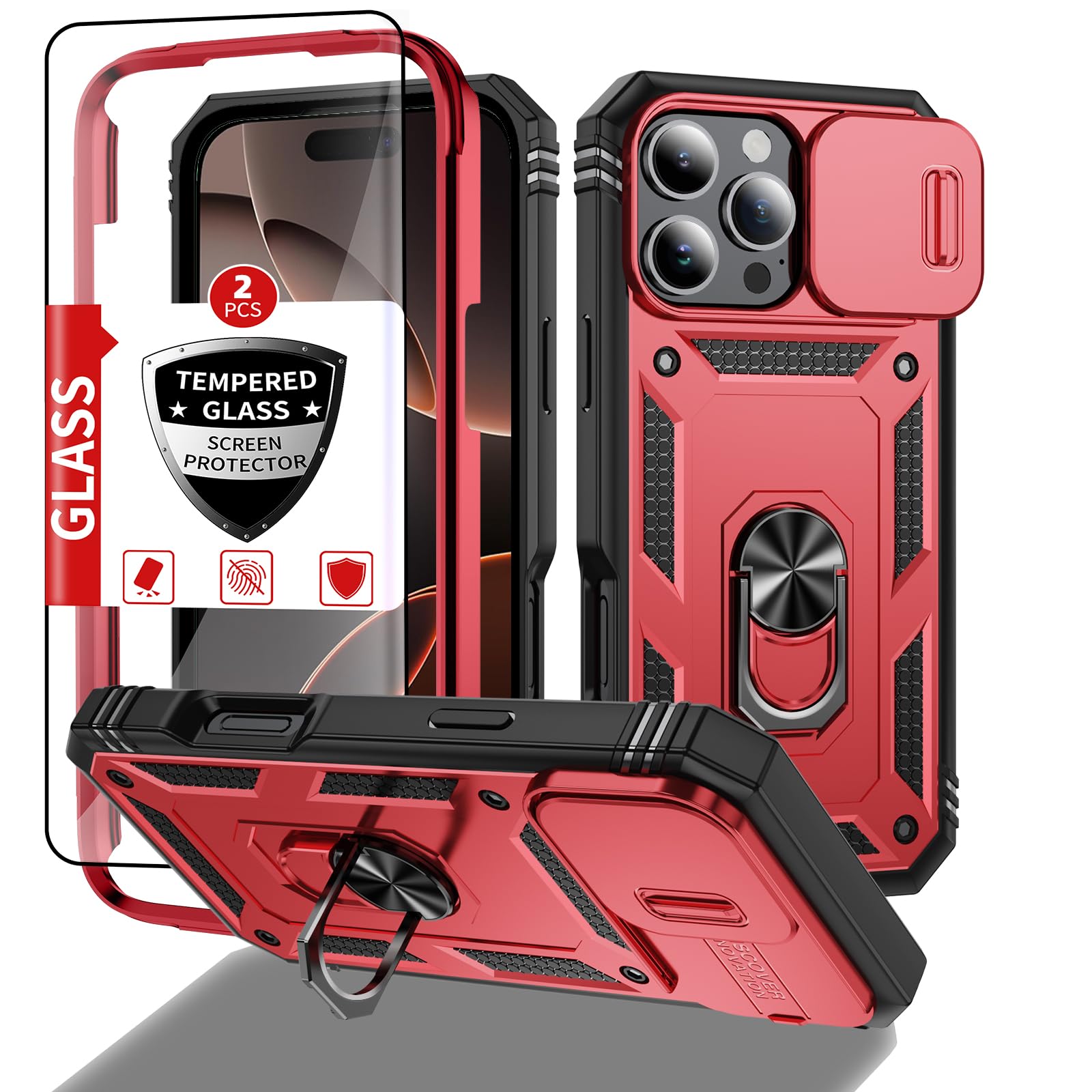 IYTRRYH Compatible with iPhone 16 Pro Max Case with 2 Tempered Glass Screen Protectors,Built-in Kickstand Ring with Camera Cover Shockproof Military