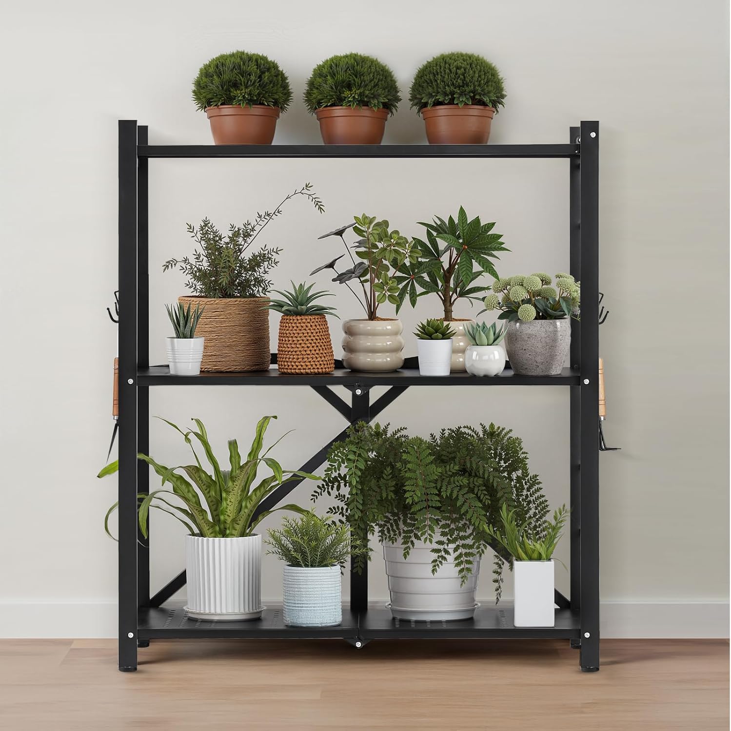 VEVOR 3-Tier Foldable Storage Shelf, 30W x 13D x 36H Inch Folding Metal Rack Shelving Unit, No Assembly Organizer Shelf with 5 Wheels & 4 Hooks for Pantry, Kitchen, Garage, Basement, Black - Image 2