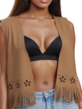 Women Tassel Vest 70s Hippie Costume Sleeveless Fringe Waistcoat Open Front Boho Western Outerwear
