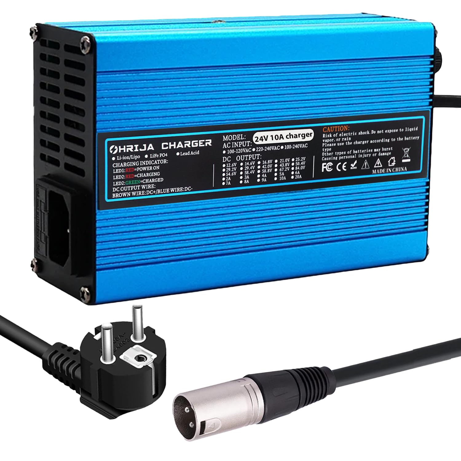Il caricabatterie da 24 V 10 A è adatto per accumulatori di piombo da 27,6 V. Caricabatterie di mantenimento per sedie a rotelle. Esterno blu con connettore XLR 1+2 a 3 poli.