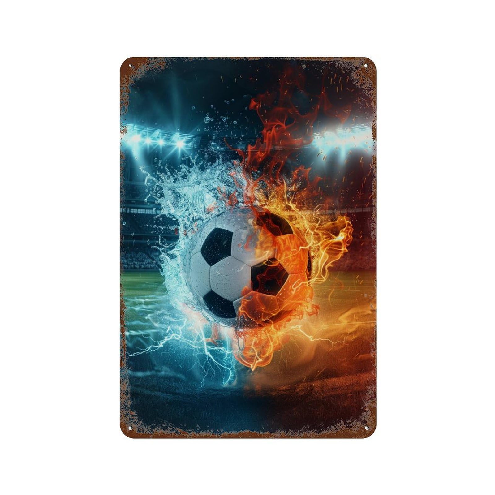 Soccer Ball Fire Water Effect 11.8"x7.9" Vintage Rust Metal Sign, Classic Wall Plaque for Office, Studio And Wall Decor