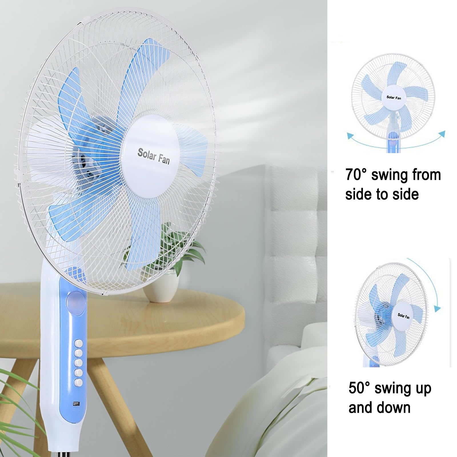 Ventilatore da esterno/ventilatore solare/ventilatore a piantana/ventilatore da pavimento; 3 velocità del vento, batteria da 18000 mAh, pannello solare + adattatore, due metodi di ricarica