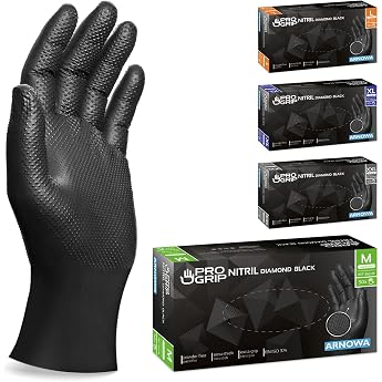 Progrip Disposable Gloves Black Extra Strong Nitrile Gloves M 2x Thicker Disposable Gloves with Diamond Grip Work Gloves for Workshop Industry & Assembly Pack of 50