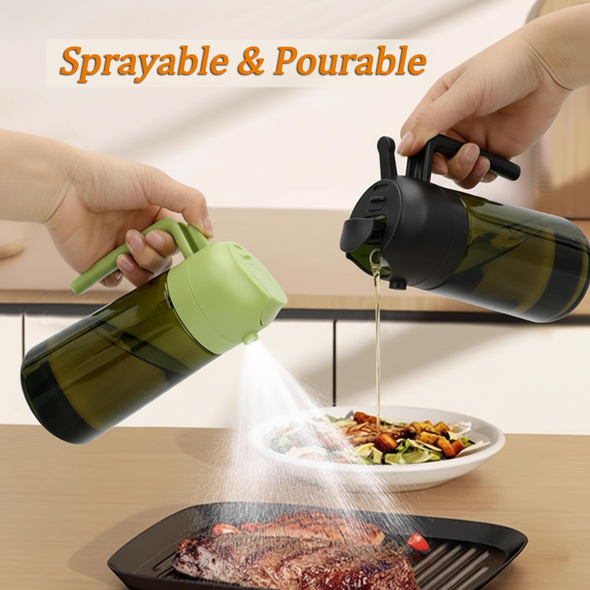 2-in-1-Ölsprüher und -spender zum Kochen, 2 x 473 ml, olivgrünes Glas, um frisches Öl zu konservieren, geeignet für Luftfritteuse, Braten, Grillen, Grillen und Salat (Olivgrün, Schwarz, Grün)