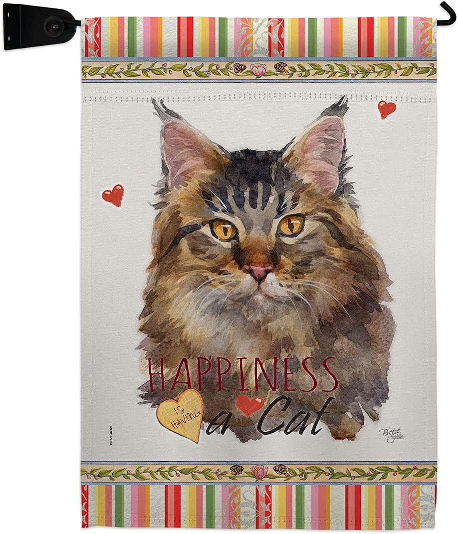 Maine Coon Happiness Burlap Burlap Garden Flag Animals Cat Kitten Meow Spoiled Paw Fur Pet Nature Farm Animal Creature Small Decorative Gift Yard House Banner Double-Sided Made In USA 13 X 18.5