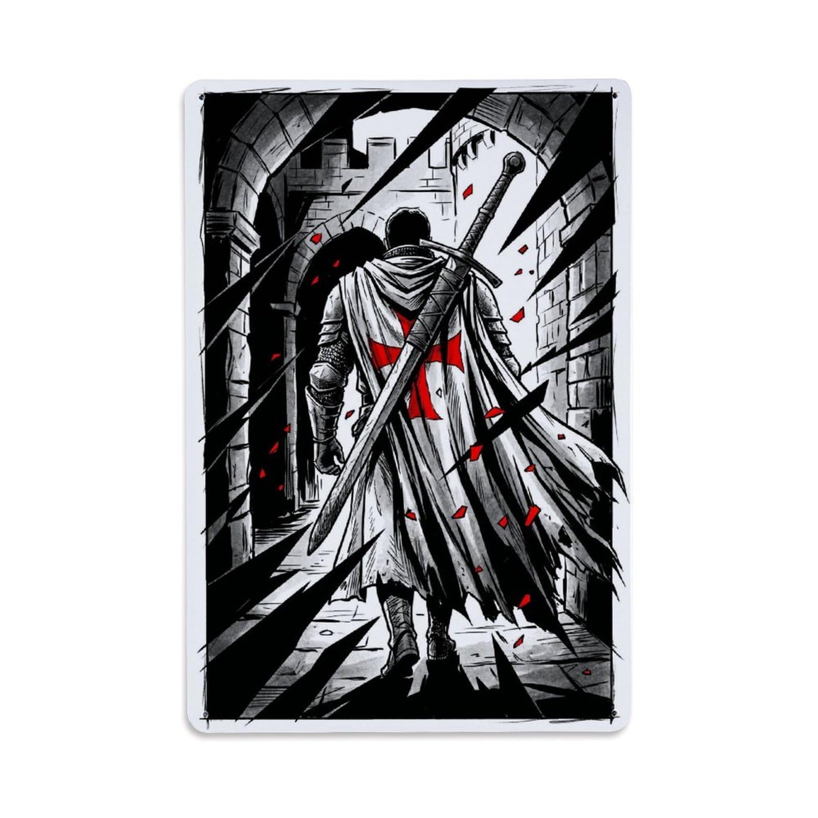 Olhnbad Style Sword Bearer Knight Templar Medieval Armour Monochrome Metal Tin Sign