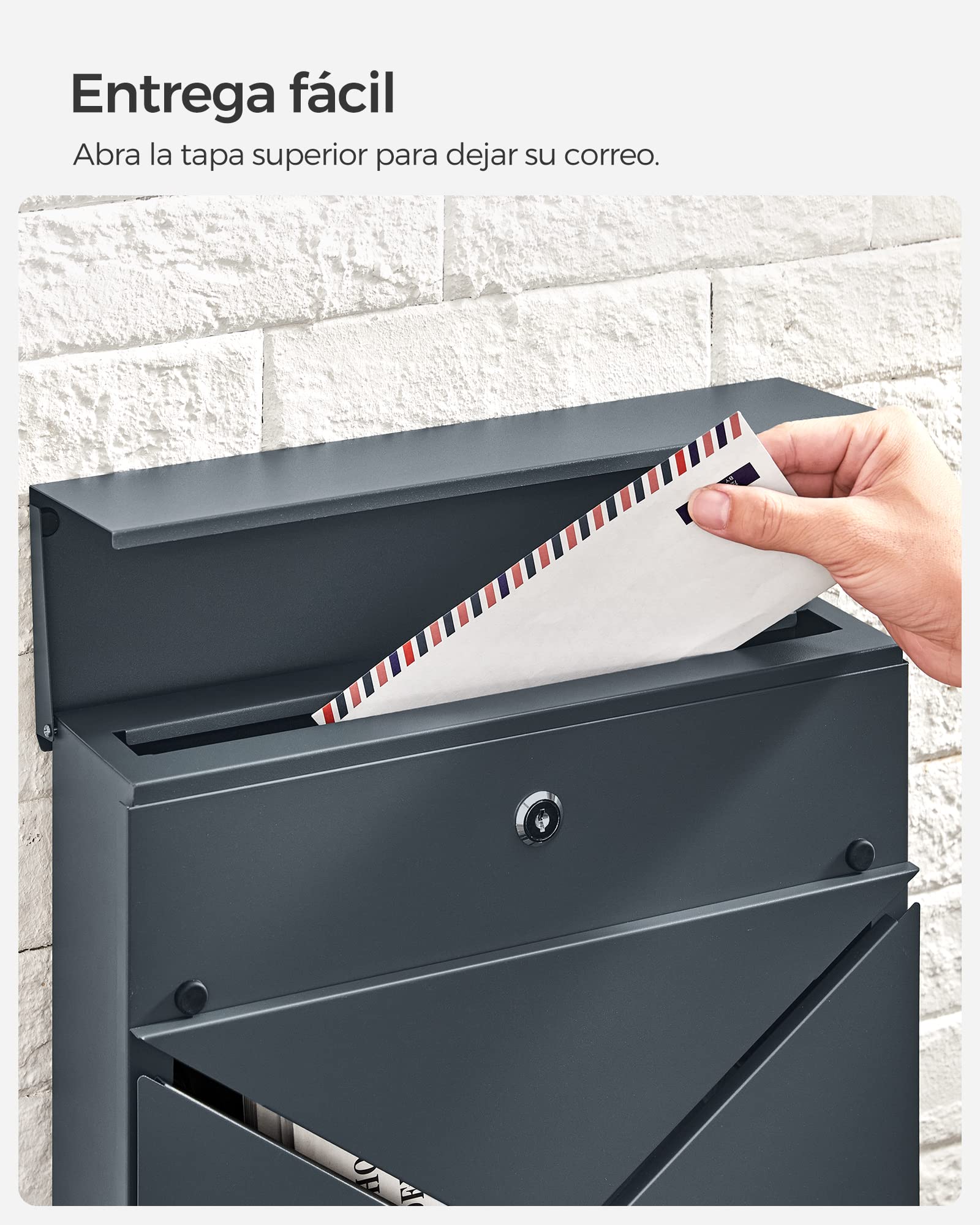 SONGMICS Buzón Correo, Ventanas de Visualización en Forma de V, Buzón Correo Montado en Pared, con Cerradura y Tapa, Portapapeles, Fácil de Instalar, Gris Antracita GMB054G01