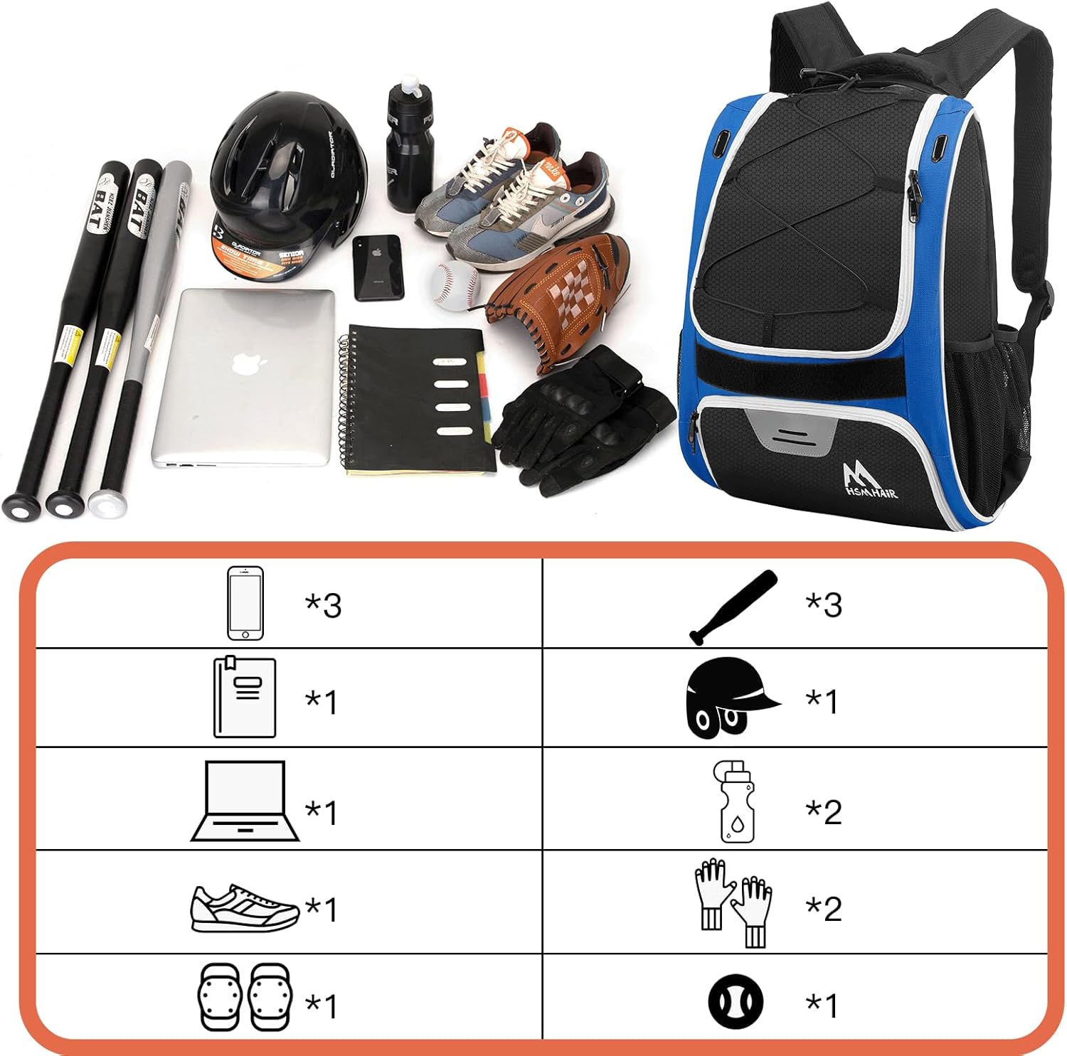 Hsmihair Baseball Bag-Baseball Backpack Holder for Baseball, Large Main Compartment,Softball Tball& Gear for Youth and Adults