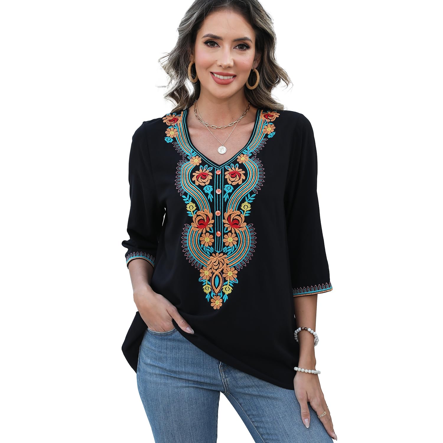 Seasonal Damen Top Bohemie Style mit Blumenstickerei V-Ausschnitt 3/4 Ärmel Leichte Folklore Bluse für Sommer Urlaub Festival Beach